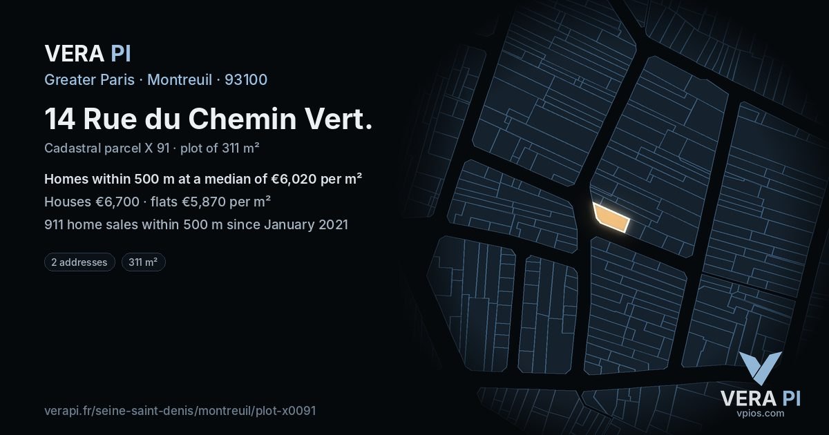 14 Rue du Chemin Vert, Montreuil at night – the plot lit, the parcels around coloured by the prices near them