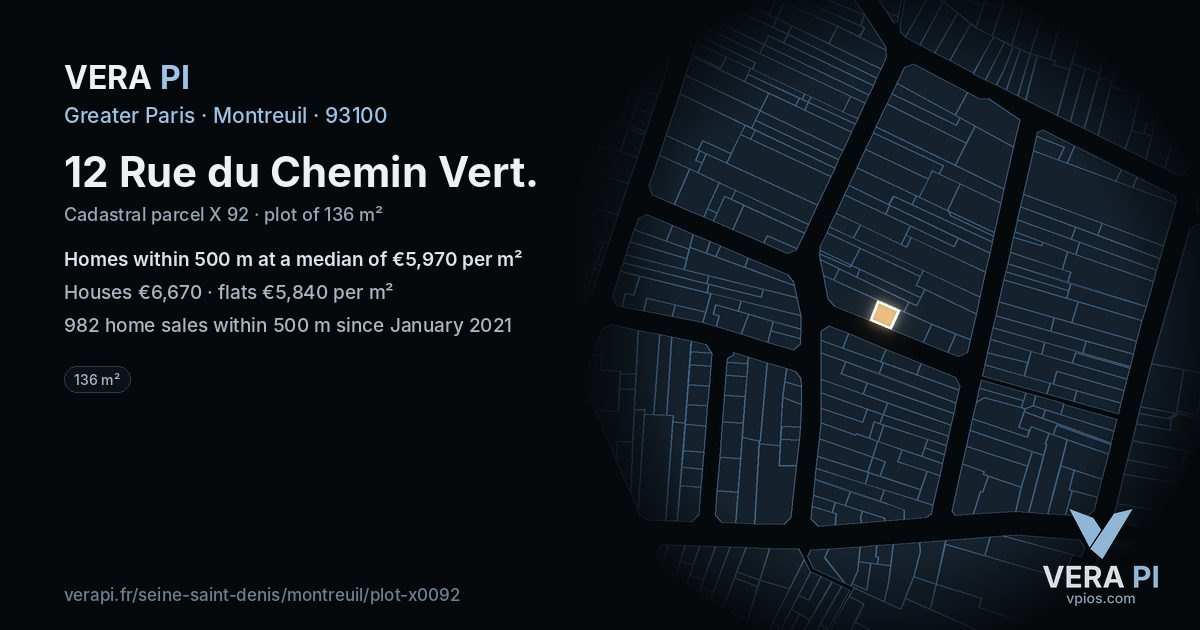 12 Rue du Chemin Vert, Montreuil at night – the plot lit, the parcels around coloured by the prices near them