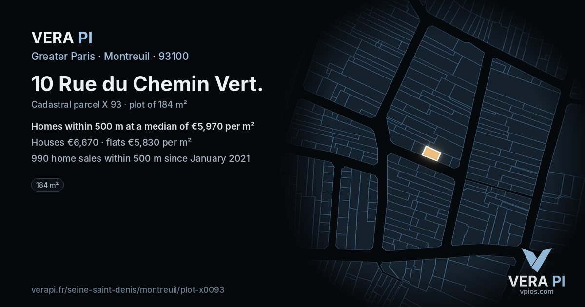 10 Rue du Chemin Vert, Montreuil at night – the plot lit, the parcels around coloured by the prices near them