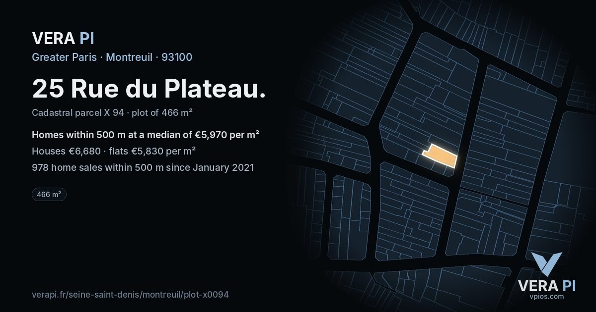 25 Rue du Plateau, Montreuil at night – the plot lit, the parcels around coloured by the prices near them