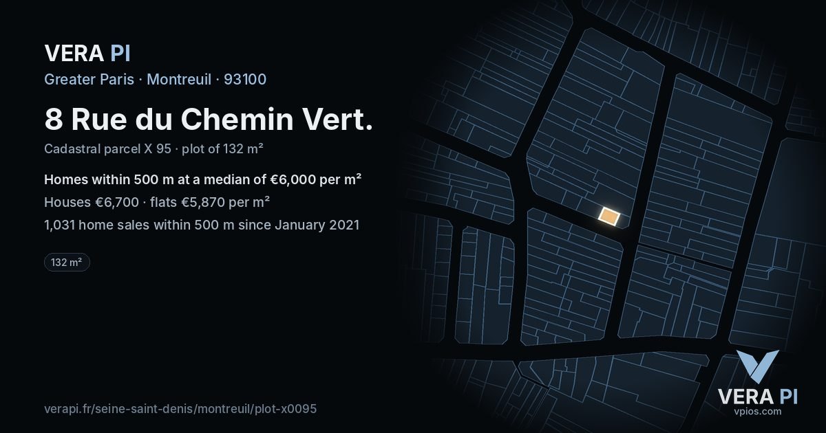 8 Rue du Chemin Vert, Montreuil at night – the plot lit, the parcels around coloured by the prices near them