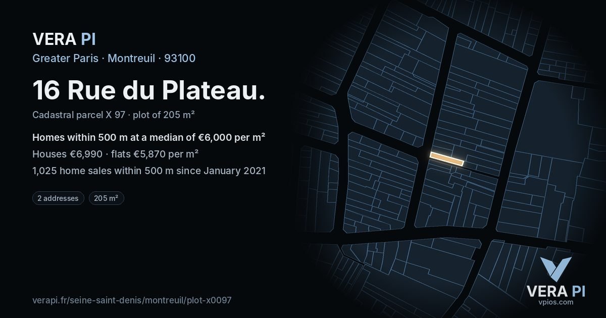 16 Rue du Plateau, Montreuil at night – the plot lit, the parcels around coloured by the prices near them