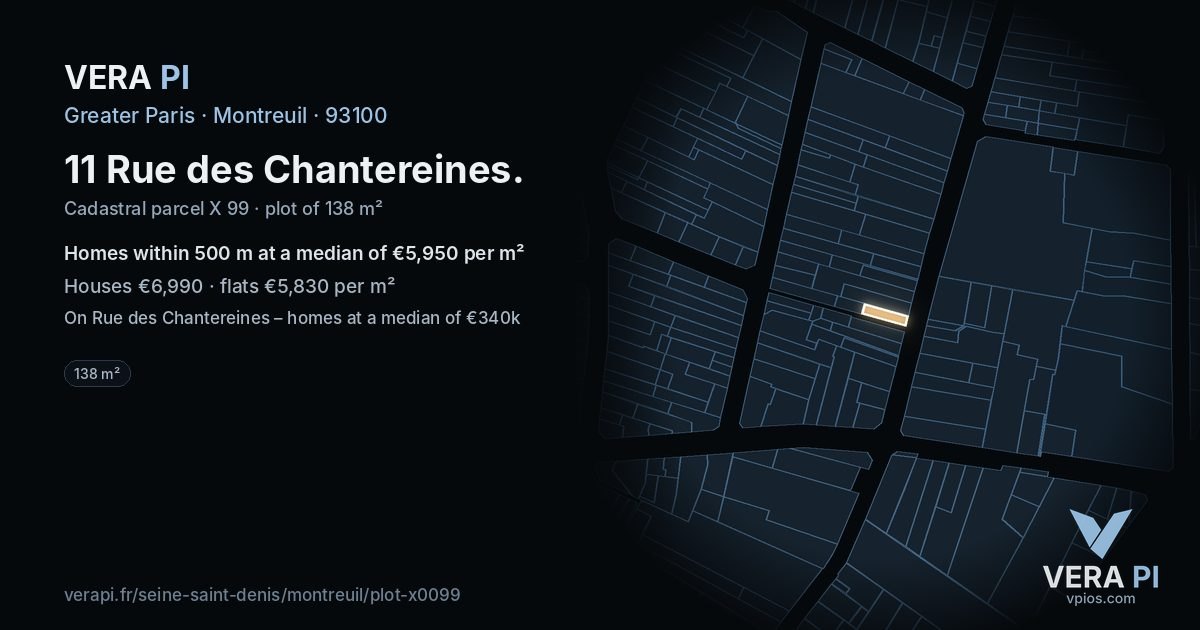 11 Rue des Chantereines, Montreuil at night – the plot lit, the parcels around coloured by the prices near them