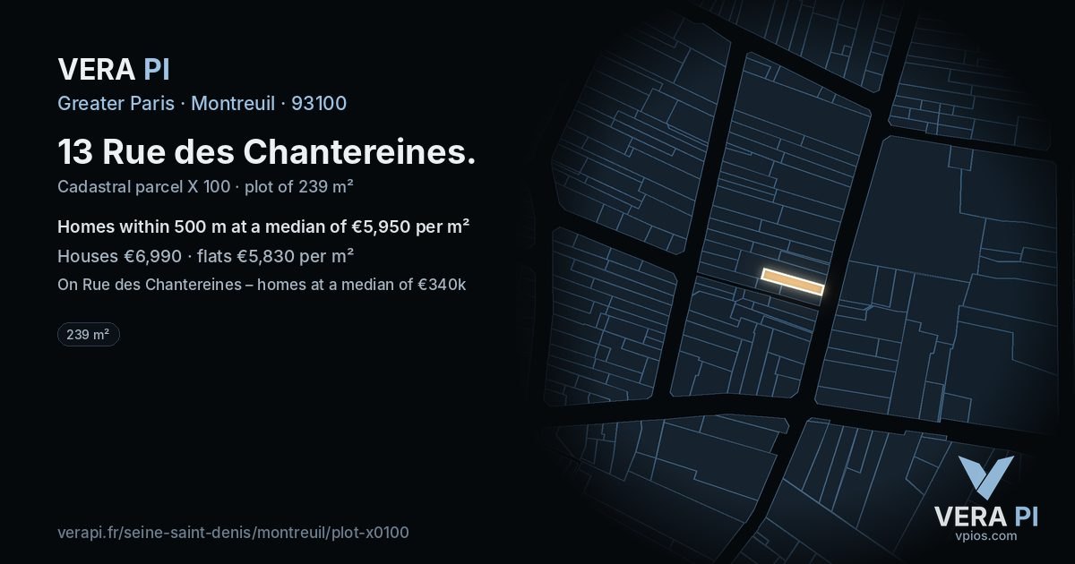 13 Rue des Chantereines, Montreuil at night – the plot lit, the parcels around coloured by the prices near them
