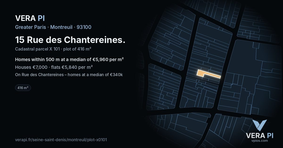 15 Rue des Chantereines, Montreuil at night – the plot lit, the parcels around coloured by the prices near them