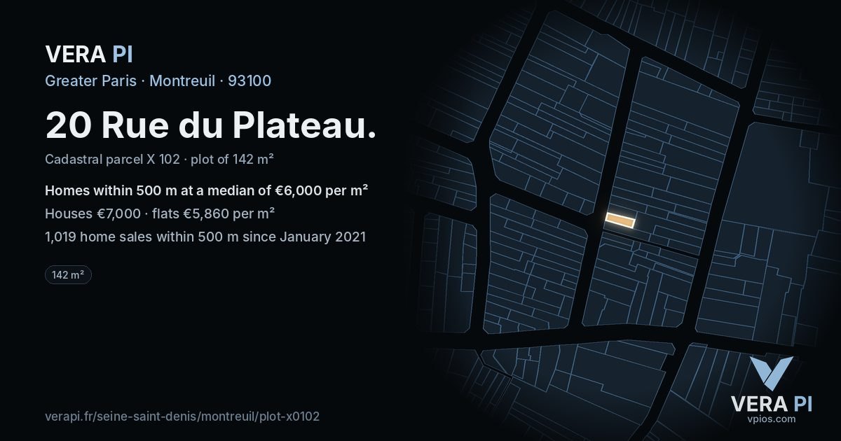 20 Rue du Plateau, Montreuil at night – the plot lit, the parcels around coloured by the prices near them