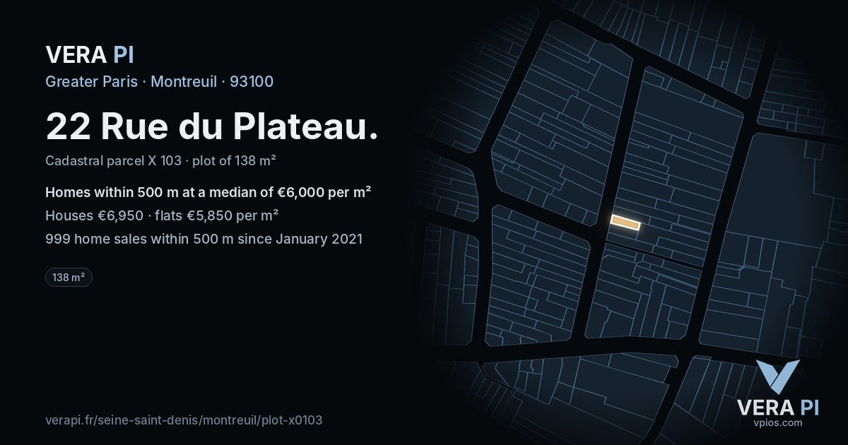 22 Rue du Plateau, Montreuil at night – the plot lit, the parcels around coloured by the prices near them