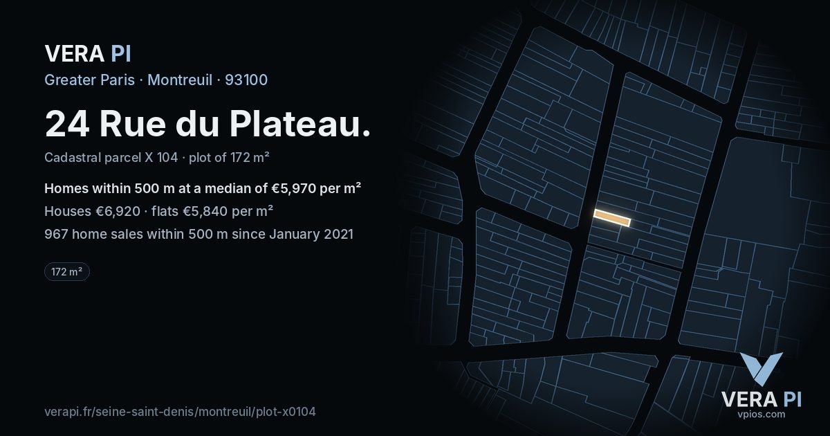 24 Rue du Plateau, Montreuil at night – the plot lit, the parcels around coloured by the prices near them