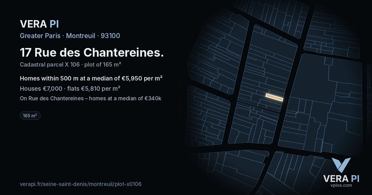 17 Rue des Chantereines, Montreuil at night – the plot lit, the parcels around coloured by the prices near them