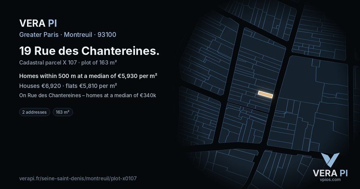19 Rue des Chantereines, Montreuil at night – the plot lit, the parcels around coloured by the prices near them