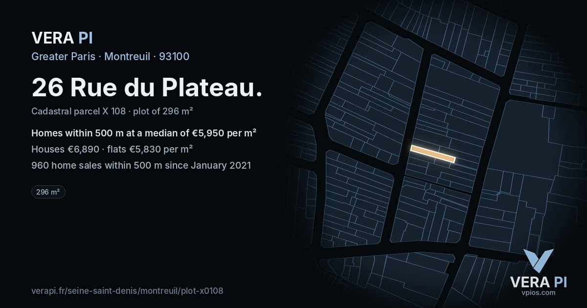 26 Rue du Plateau, Montreuil at night – the plot lit, the parcels around coloured by the prices near them
