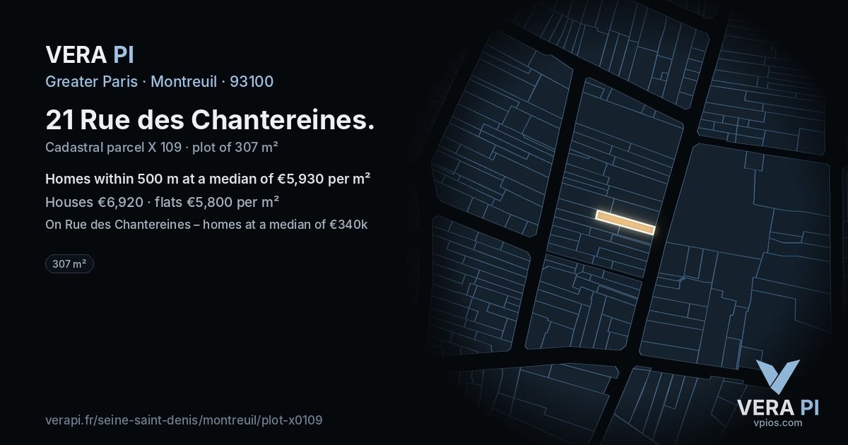 21 Rue des Chantereines, Montreuil at night – the plot lit, the parcels around coloured by the prices near them