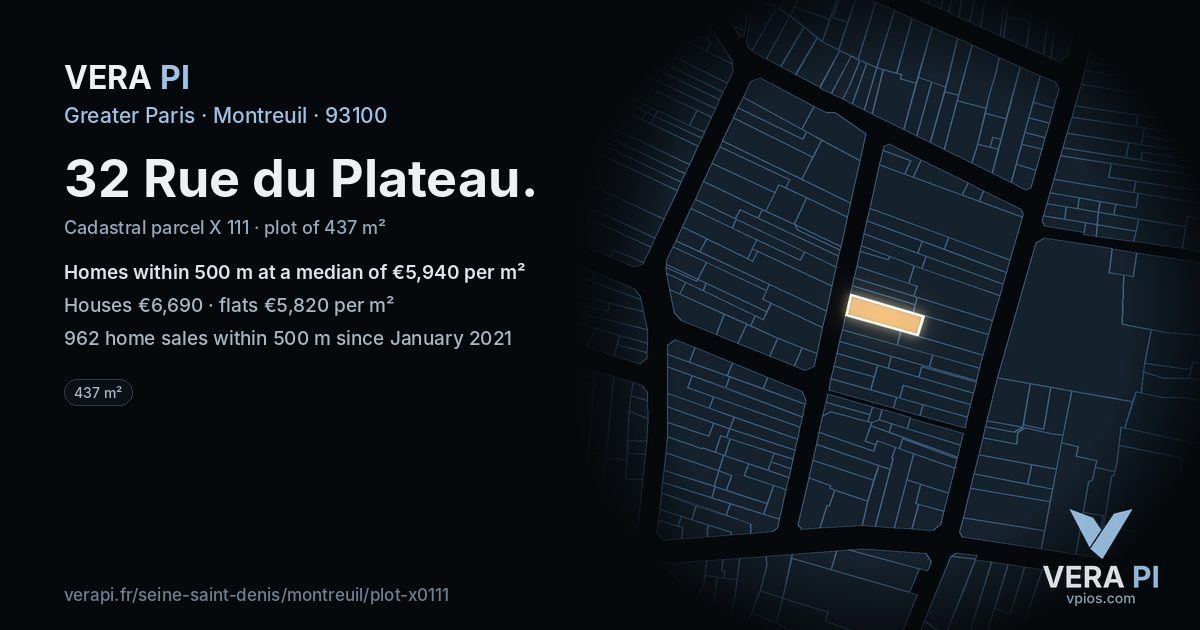 32 Rue du Plateau, Montreuil at night – the plot lit, the parcels around coloured by the prices near them