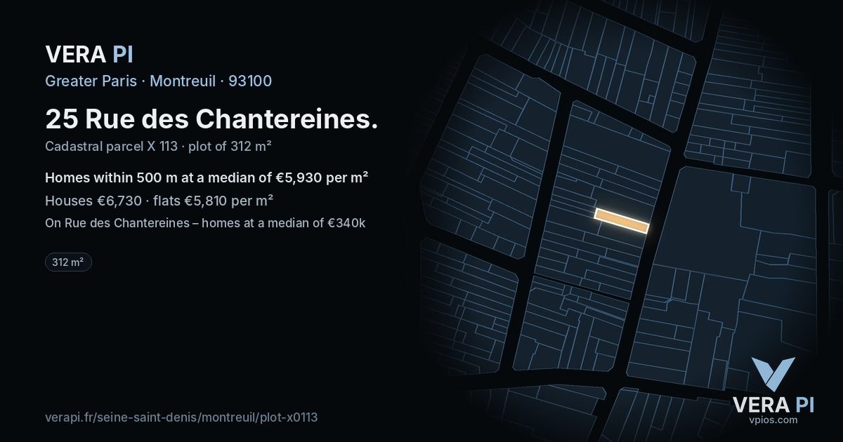 25 Rue des Chantereines, Montreuil at night – the plot lit, the parcels around coloured by the prices near them