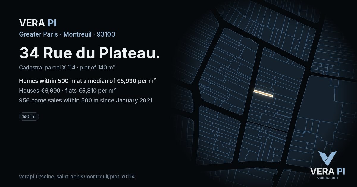 34 Rue du Plateau, Montreuil at night – the plot lit, the parcels around coloured by the prices near them