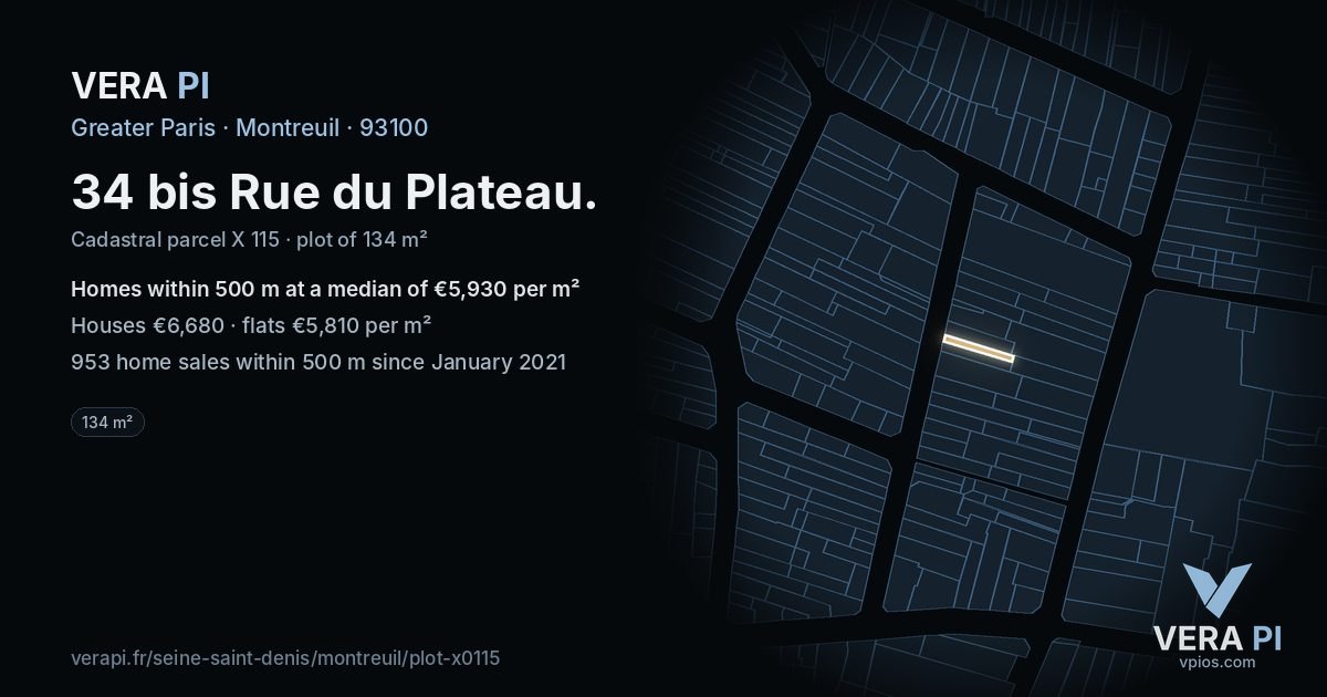 34 bis Rue du Plateau, Montreuil at night – the plot lit, the parcels around coloured by the prices near them