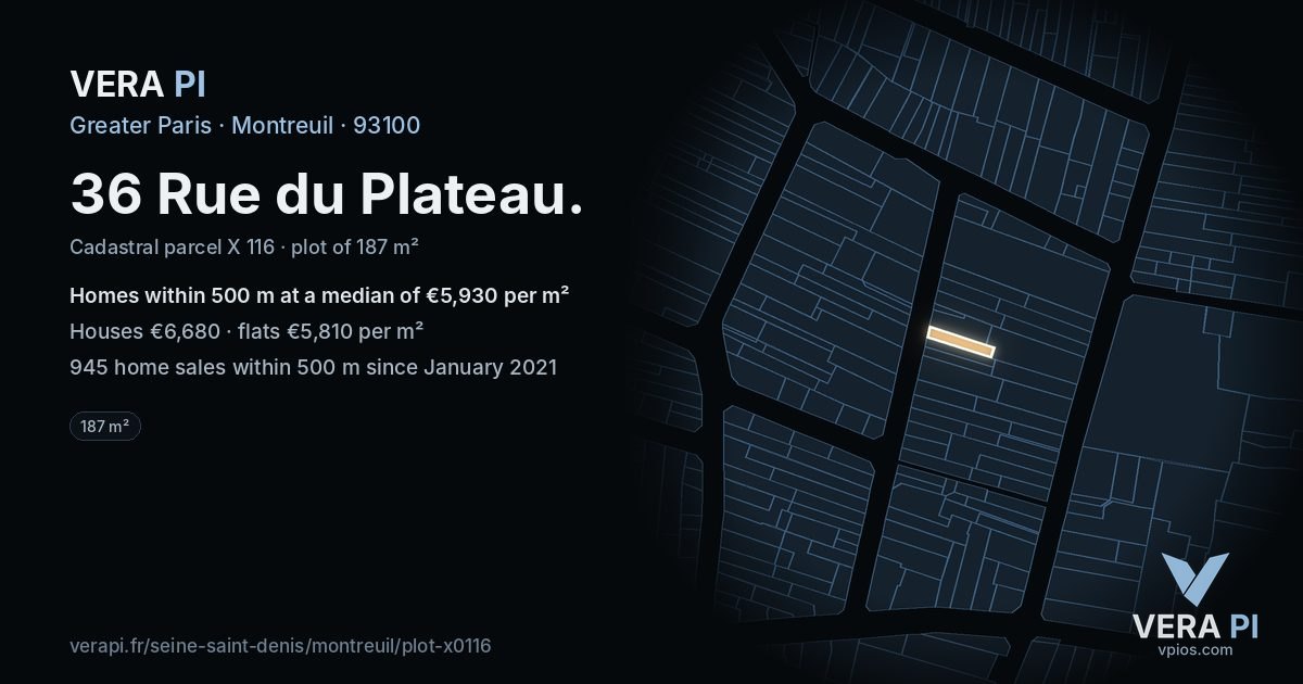 36 Rue du Plateau, Montreuil at night – the plot lit, the parcels around coloured by the prices near them