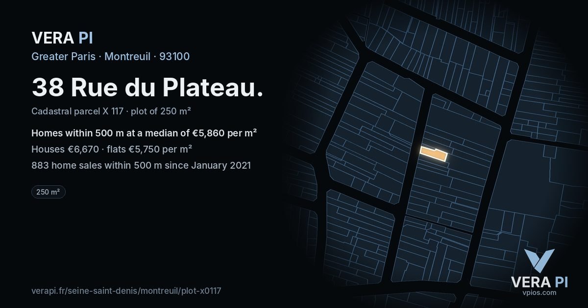 38 Rue du Plateau, Montreuil at night – the plot lit, the parcels around coloured by the prices near them