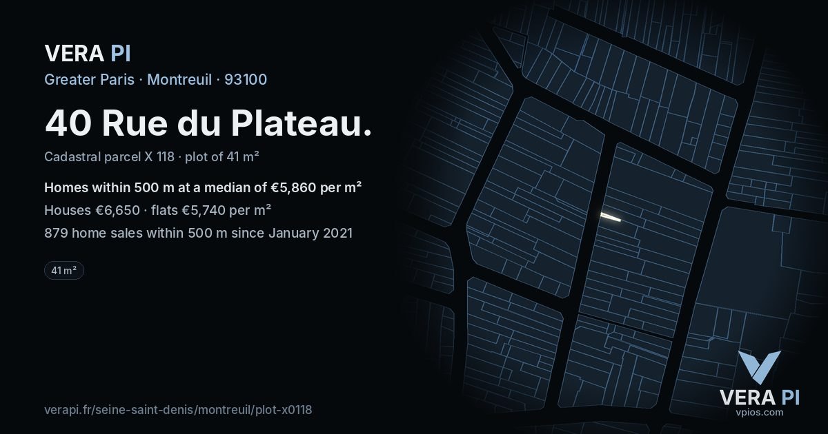 40 Rue du Plateau, Montreuil at night – the plot lit, the parcels around coloured by the prices near them