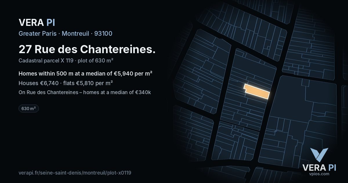 27 Rue des Chantereines, Montreuil at night – the plot lit, the parcels around coloured by the prices near them