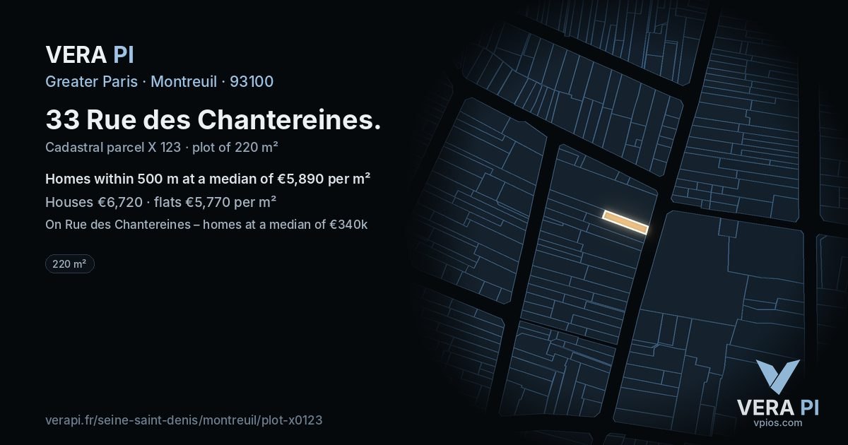 33 Rue des Chantereines, Montreuil at night – the plot lit, the parcels around coloured by the prices near them