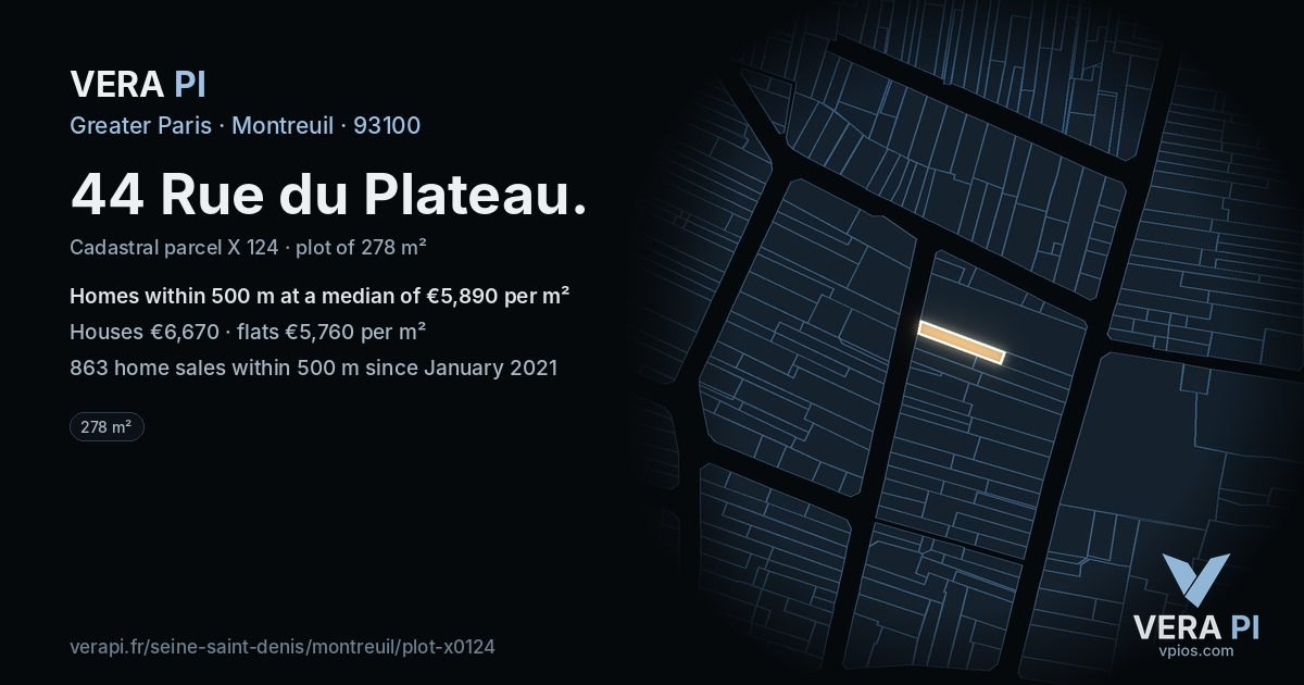 44 Rue du Plateau, Montreuil at night – the plot lit, the parcels around coloured by the prices near them