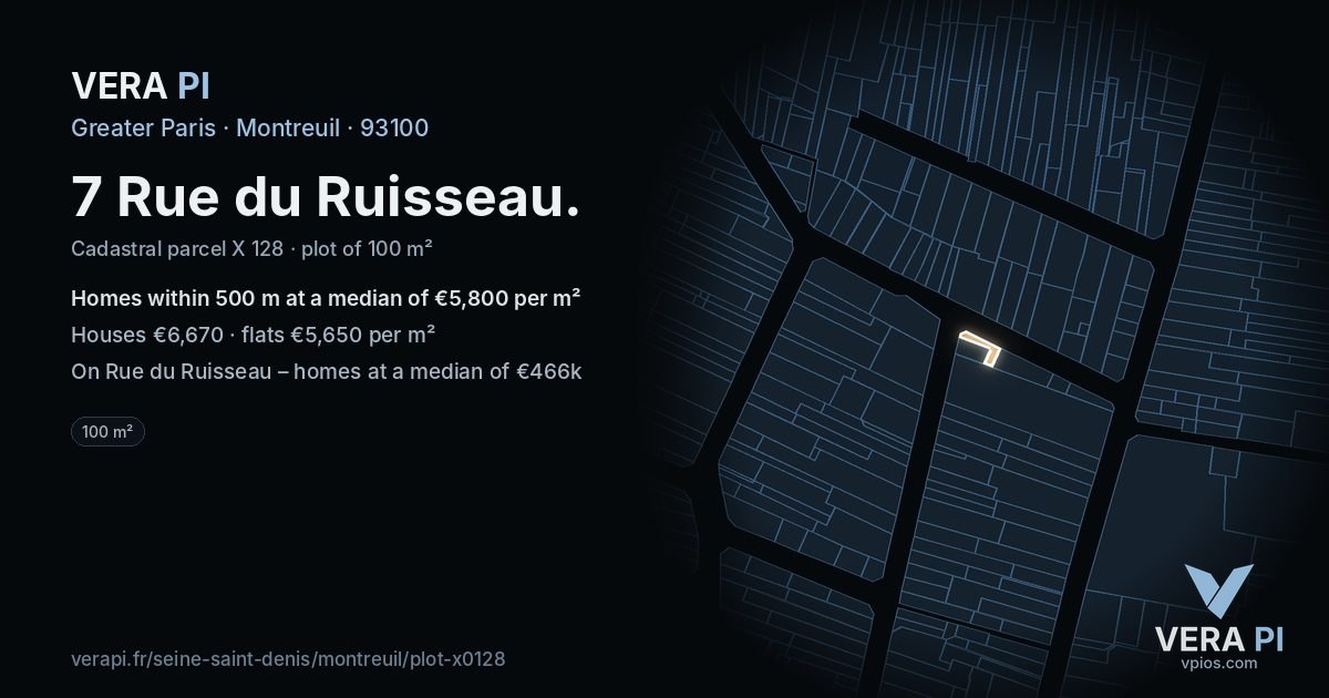 7 Rue du Ruisseau, Montreuil at night – the plot lit, the parcels around coloured by the prices near them