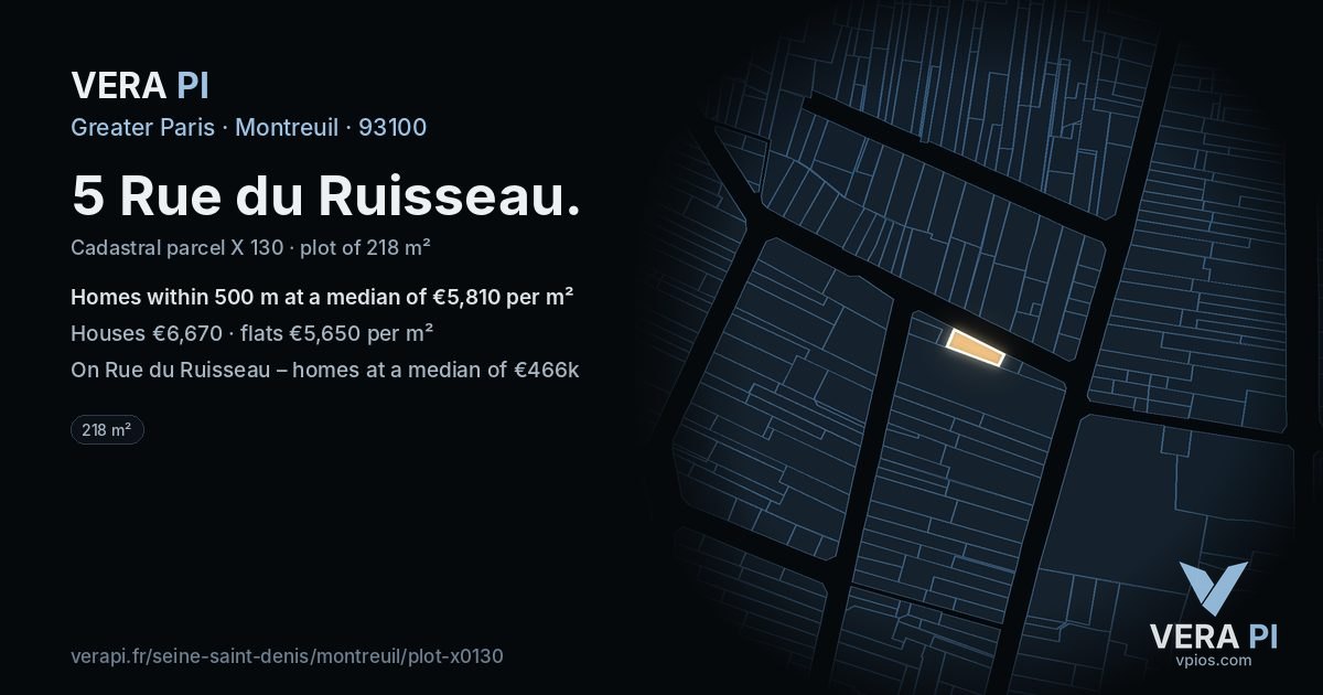 5 Rue du Ruisseau, Montreuil at night – the plot lit, the parcels around coloured by the prices near them
