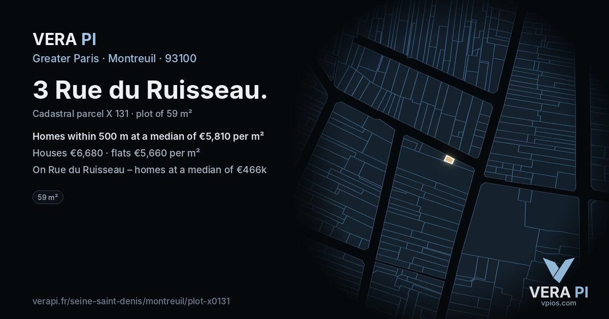 3 Rue du Ruisseau, Montreuil at night – the plot lit, the parcels around coloured by the prices near them
