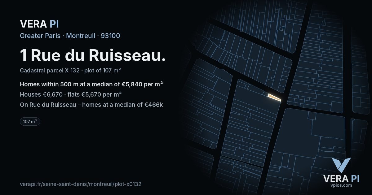 1 Rue du Ruisseau, Montreuil at night – the plot lit, the parcels around coloured by the prices near them