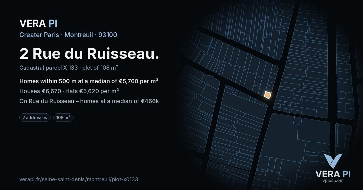 2 Rue du Ruisseau, Montreuil at night – the plot lit, the parcels around coloured by the prices near them