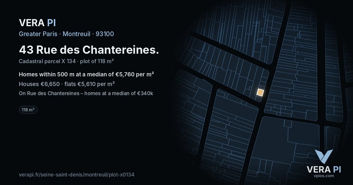 43 Rue des Chantereines, Montreuil at night – the plot lit, the parcels around coloured by the prices near them