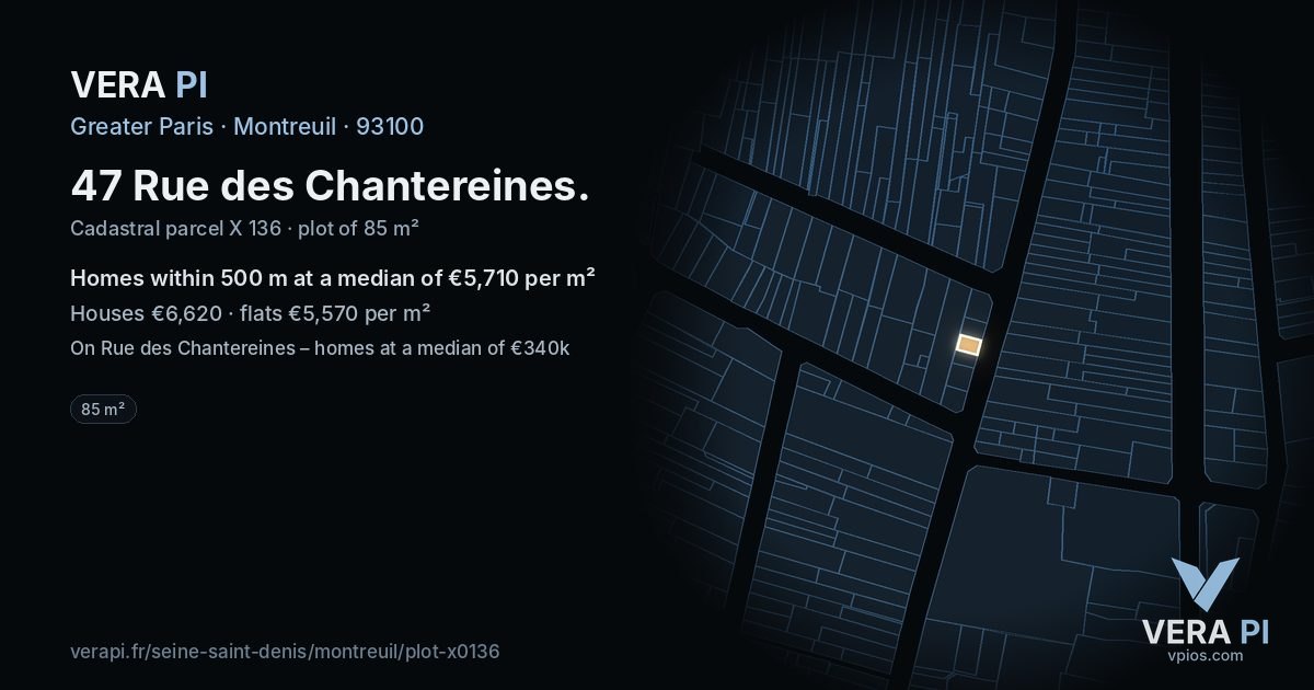 47 Rue des Chantereines, Montreuil at night – the plot lit, the parcels around coloured by the prices near them
