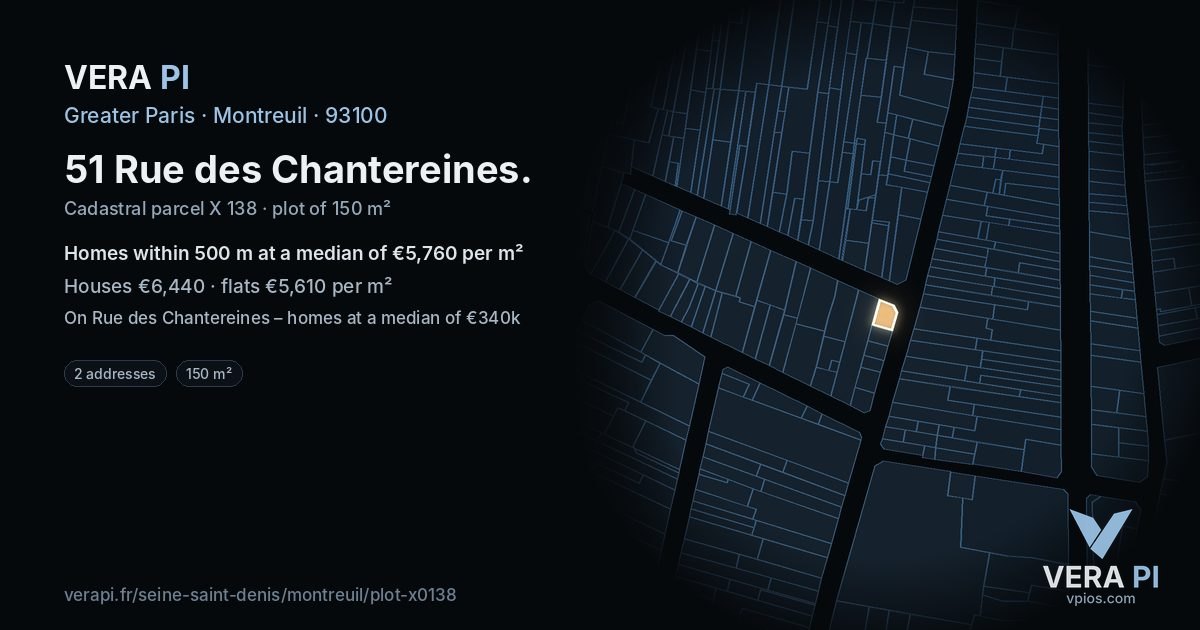 51 Rue des Chantereines, Montreuil at night – the plot lit, the parcels around coloured by the prices near them
