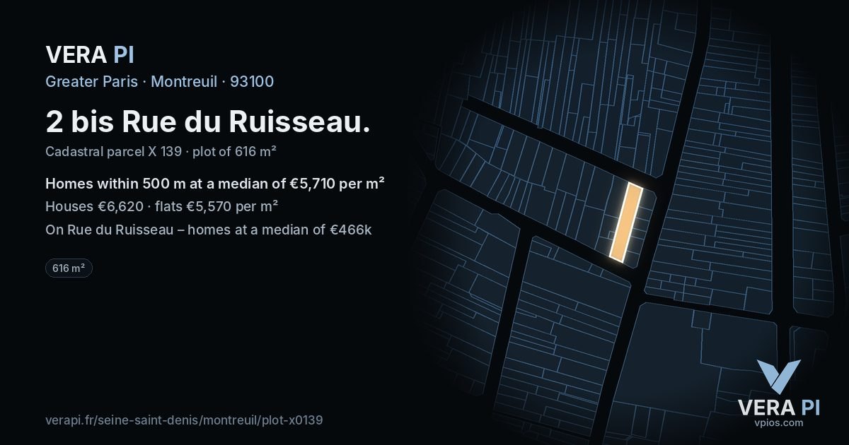 2 bis Rue du Ruisseau, Montreuil at night – the plot lit, the parcels around coloured by the prices near them