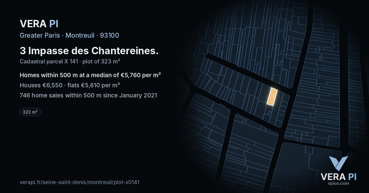 3 Impasse des Chantereines, Montreuil at night – the plot lit, the parcels around coloured by the prices near them