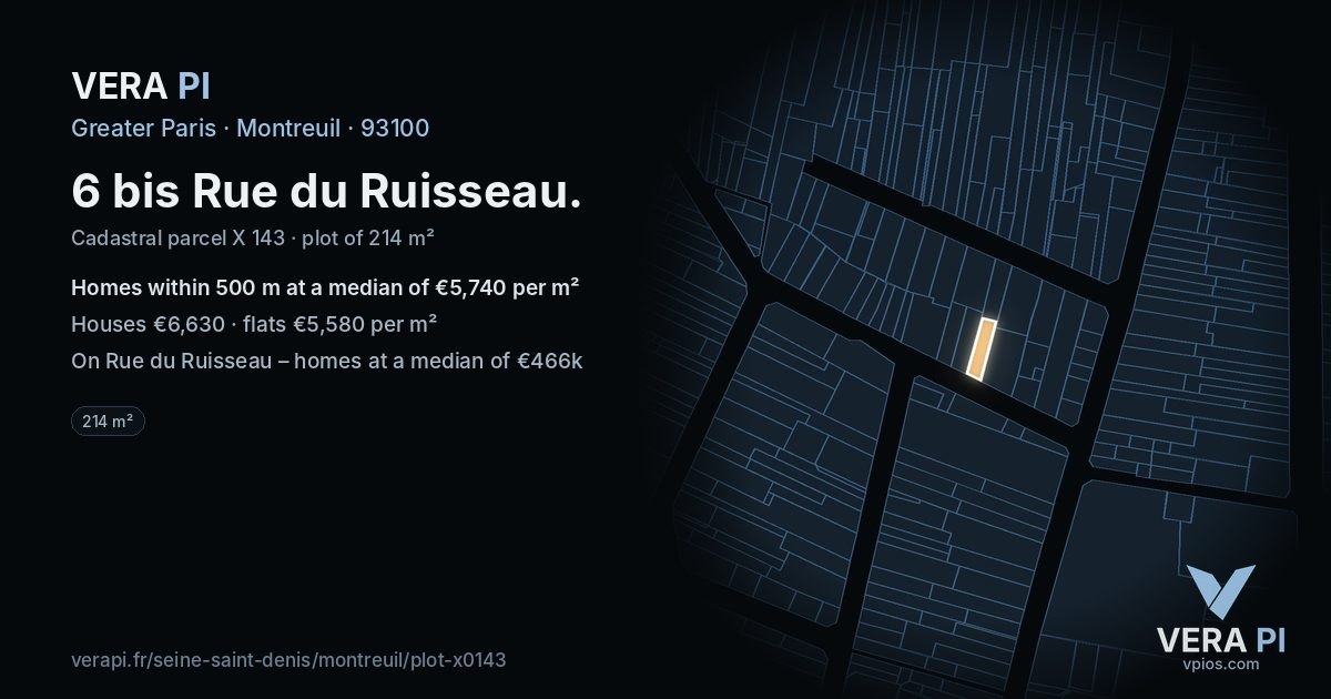 6 bis Rue du Ruisseau, Montreuil at night – the plot lit, the parcels around coloured by the prices near them