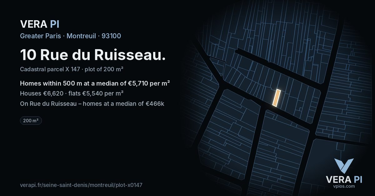 10 Rue du Ruisseau, Montreuil at night – the plot lit, the parcels around coloured by the prices near them