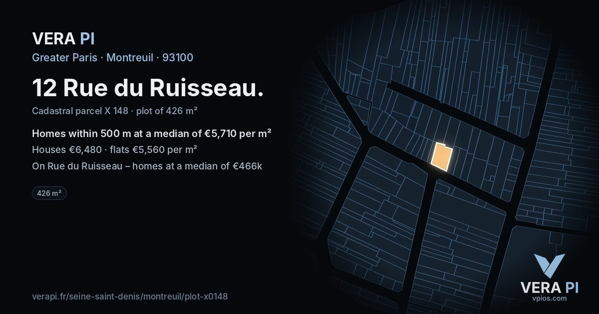 12 Rue du Ruisseau, Montreuil at night – the plot lit, the parcels around coloured by the prices near them