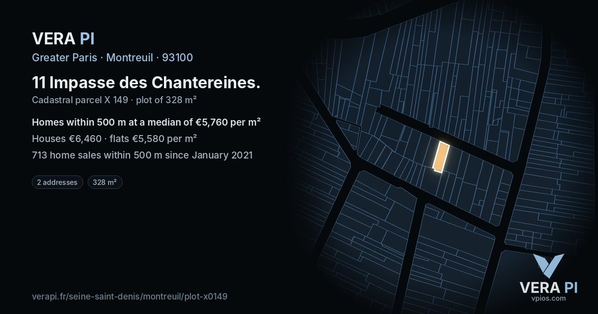 11 Impasse des Chantereines, Montreuil at night – the plot lit, the parcels around coloured by the prices near them