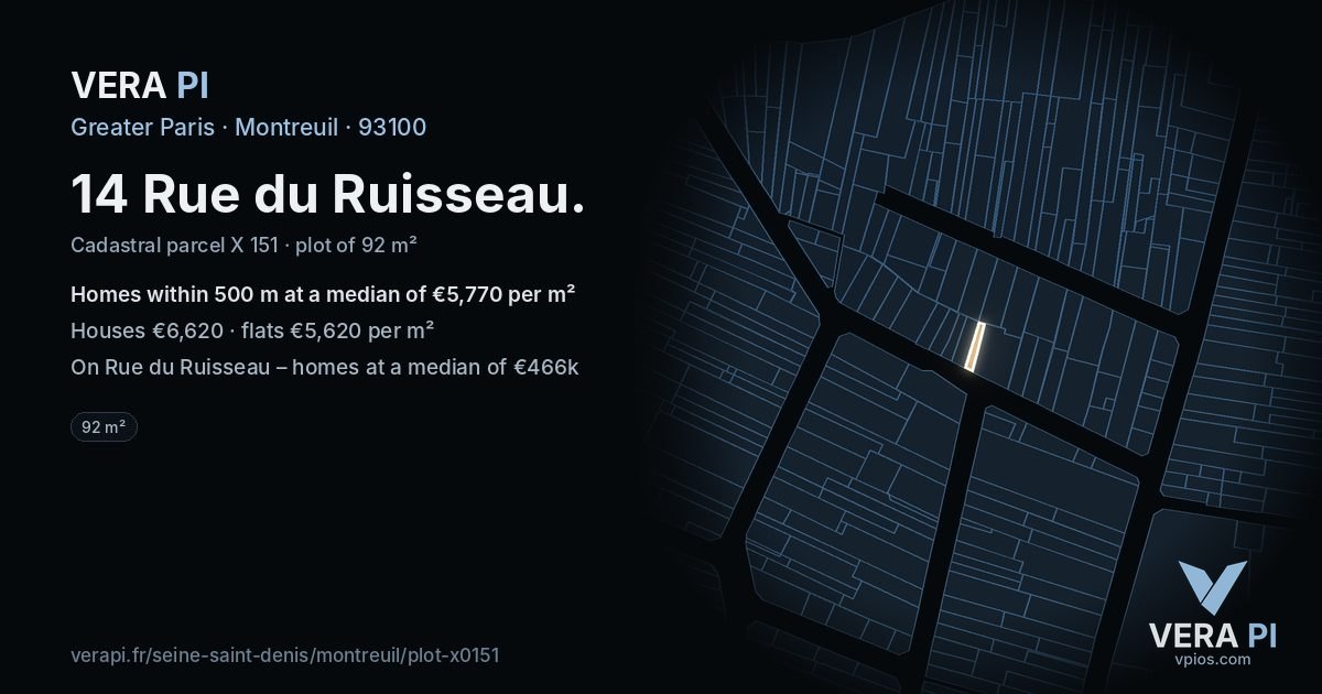 14 Rue du Ruisseau, Montreuil at night – the plot lit, the parcels around coloured by the prices near them