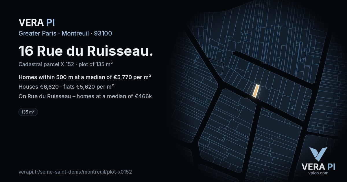 16 Rue du Ruisseau, Montreuil at night – the plot lit, the parcels around coloured by the prices near them