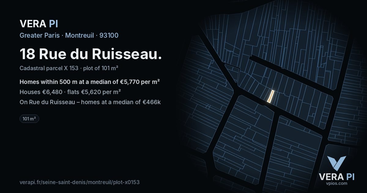 18 Rue du Ruisseau, Montreuil at night – the plot lit, the parcels around coloured by the prices near them