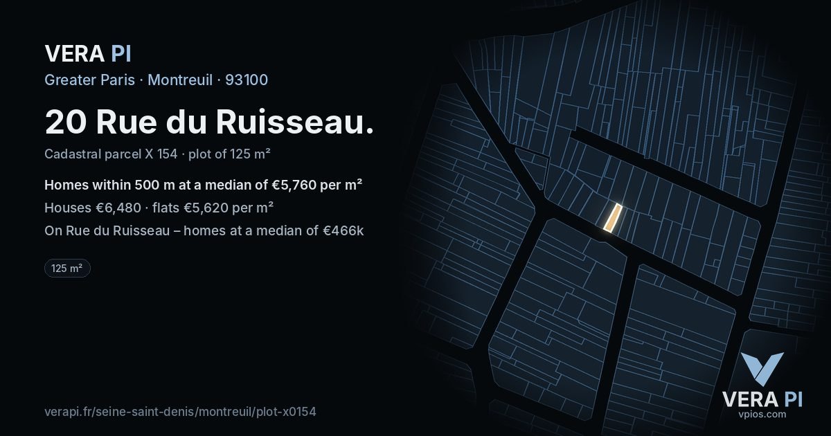 20 Rue du Ruisseau, Montreuil at night – the plot lit, the parcels around coloured by the prices near them