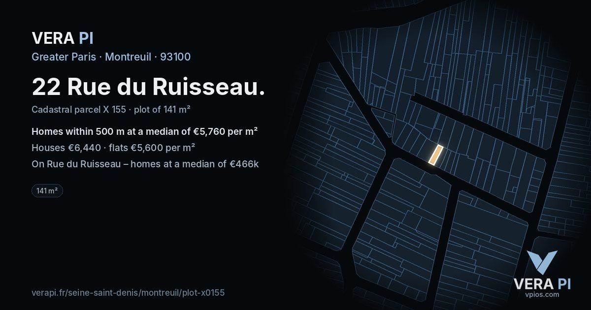 22 Rue du Ruisseau, Montreuil at night – the plot lit, the parcels around coloured by the prices near them