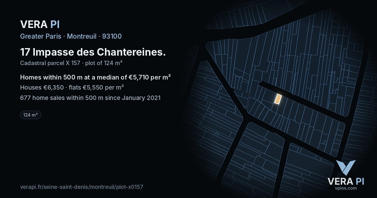 17 Impasse des Chantereines, Montreuil at night – the plot lit, the parcels around coloured by the prices near them