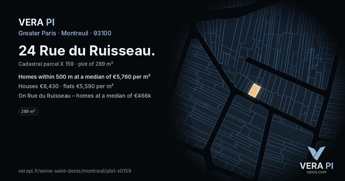24 Rue du Ruisseau, Montreuil at night – the plot lit, the parcels around coloured by the prices near them
