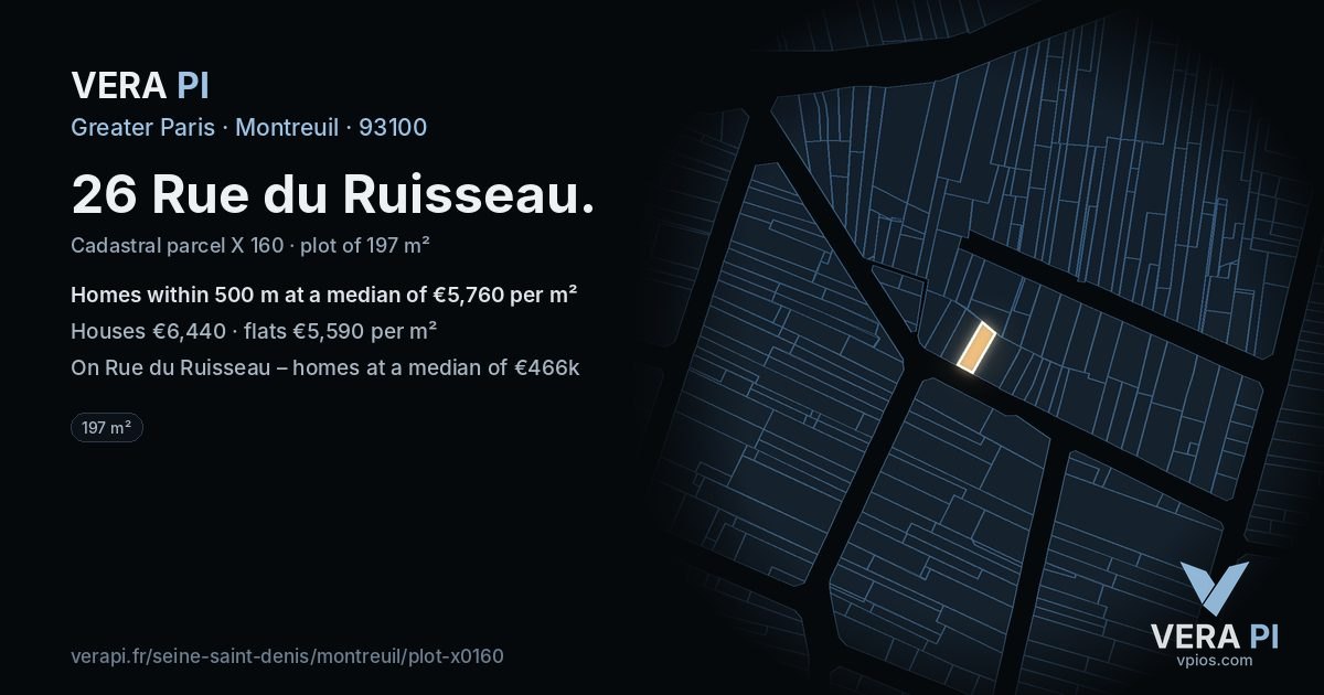 26 Rue du Ruisseau, Montreuil at night – the plot lit, the parcels around coloured by the prices near them