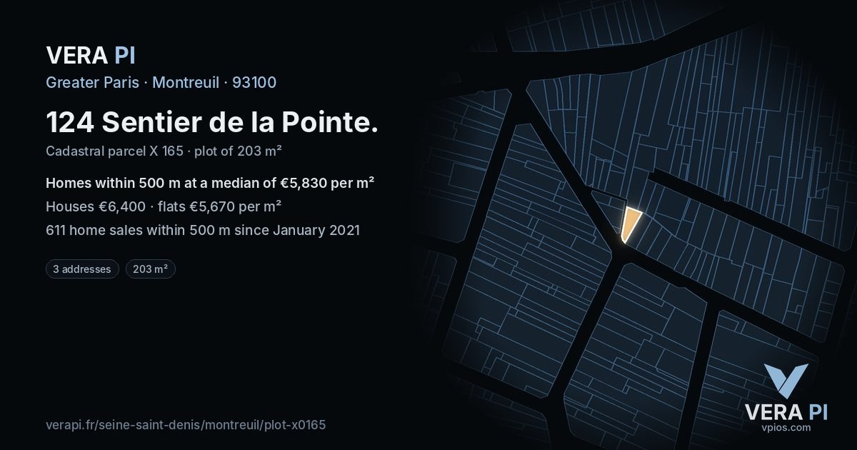 124 Sentier de la Pointe, Montreuil at night – the plot lit, the parcels around coloured by the prices near them