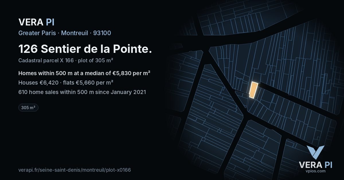126 Sentier de la Pointe, Montreuil at night – the plot lit, the parcels around coloured by the prices near them